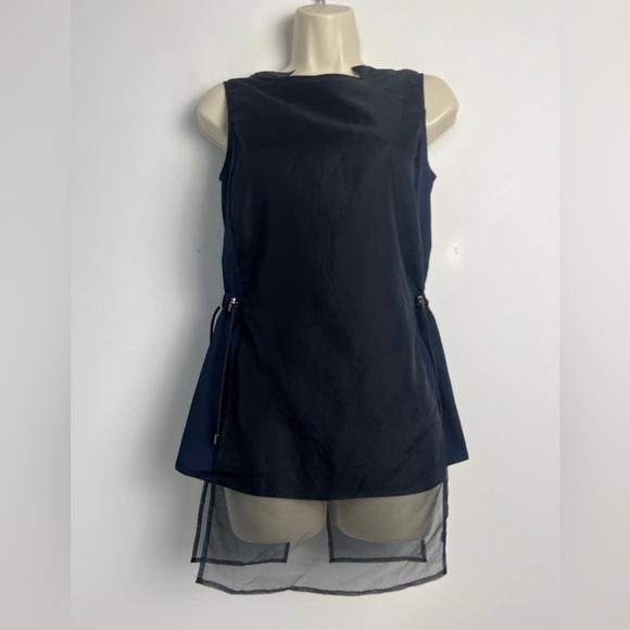 NEW INCLAN Studio Navy Black Cupra Silk Organza Sleeveless Blouse Lagenlook XS - Picture 1 of 12